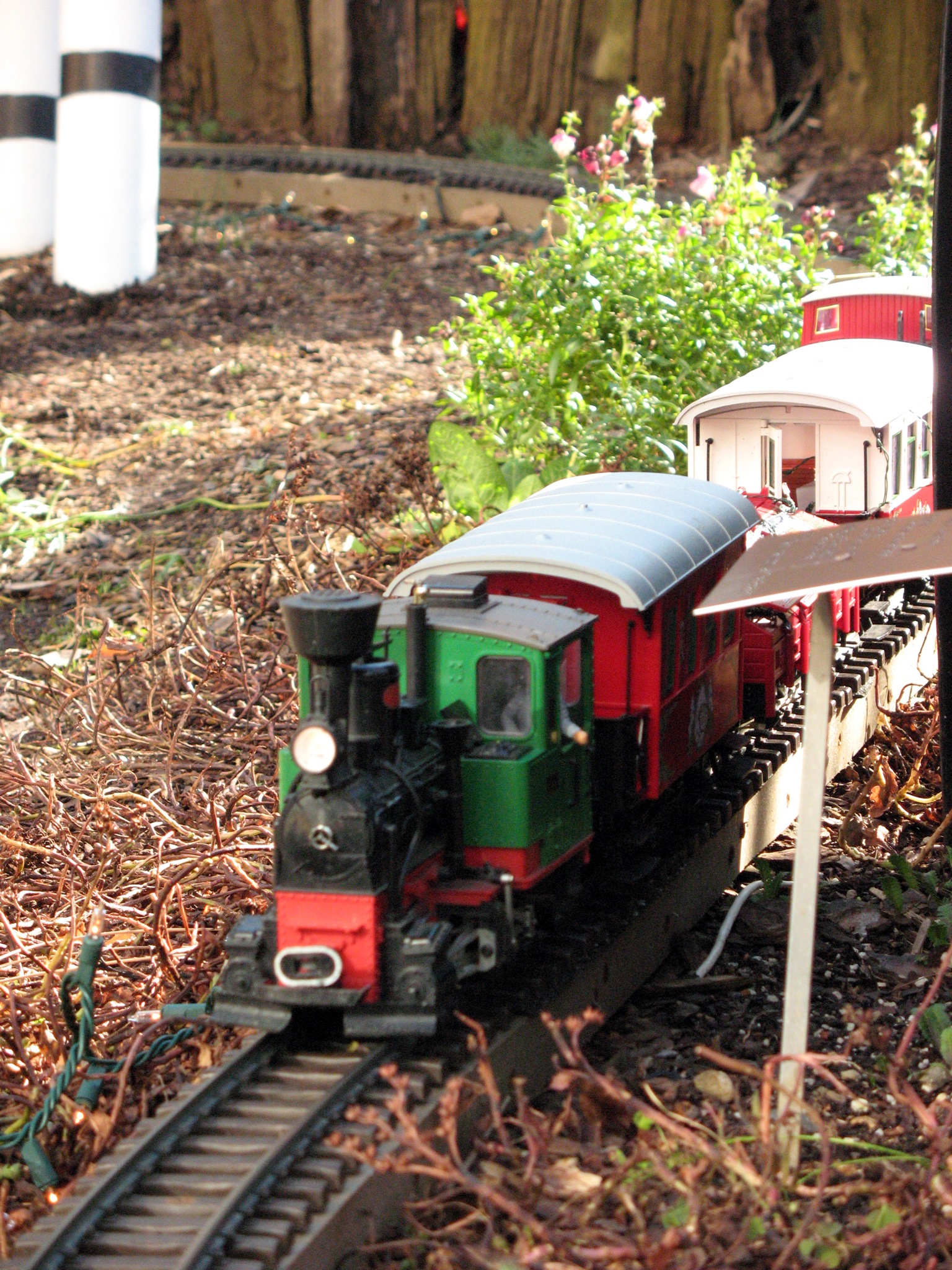 LGB Modellzug auf einer begrünten Gartenbahnanlage